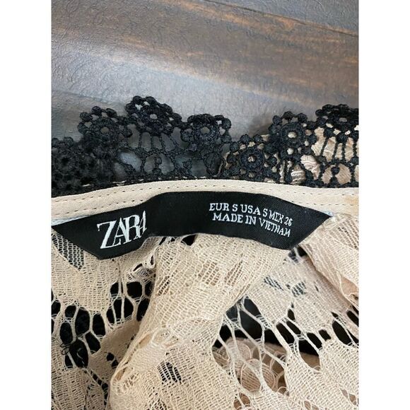 Zara Beige & Black Contrast Trim Lace Peplum Blouse Femme Old Money Style Size S - Picture 6 of 9